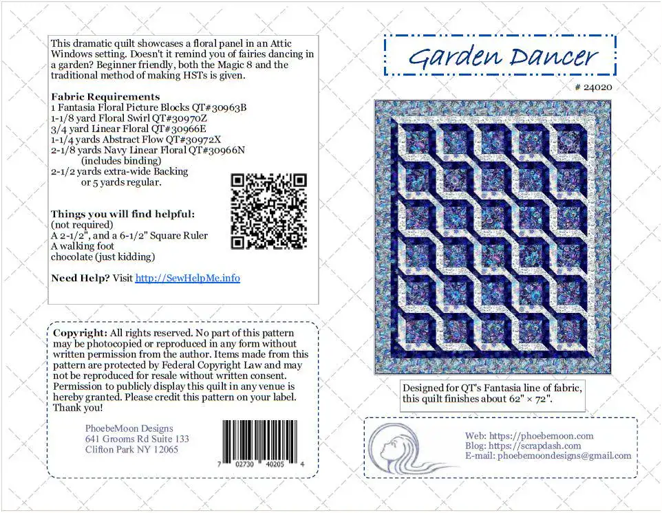 Garden-Dancer-Cover A quilt pattern cover featuring a blue and purple floral design titled Garden Dancer Throw Quilt Pattern. It includes fabric requirements, a QR code, designer information, and a preview of the completed quilt with floral borders.