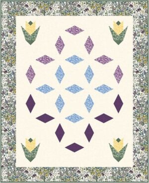 Quilt with a floral border, featuring geometric diamond shapes in purple and blue arranged in a circular pattern, and four yellow and green tulip-like designs in each corner. The central background is cream-colored.