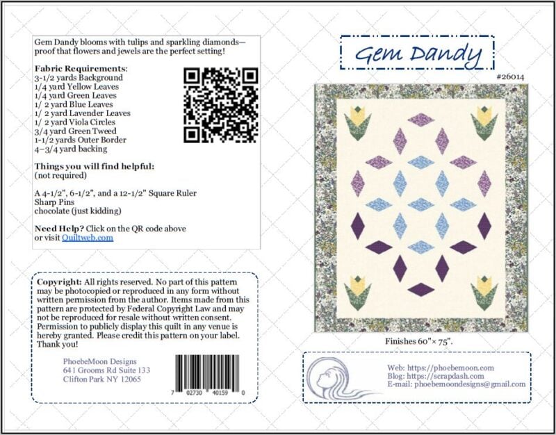 Gem-Dandy-Cover Quilt pattern cover with a floral-themed quilt design in purple, green, and yellow on a white background, surrounded by a gray floral border. Includes fabric requirements, instructions, QR code, and contact information.