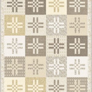 Hashtag Champion Lap Quilt Pattern with hashtag blocks in cream, tan, taupe, and brown, alternating light and dark, framed by a narrow beige floral border