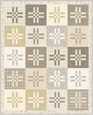 Hashtag Champion Lap Quilt Pattern with hashtag blocks in cream, tan, taupe, and brown, alternating light and dark, framed by a narrow beige floral border