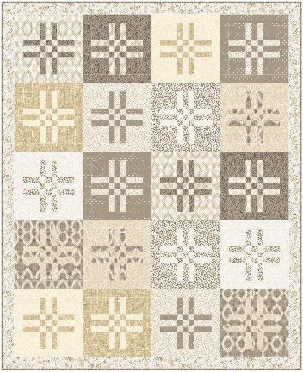 Hashtag Champion Lap Quilt Pattern with hashtag blocks in cream, tan, taupe, and brown, alternating light and dark, framed by a narrow beige floral border