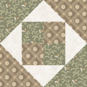 The Turnabout Lap Quilt Pattern features diagonal white diamonds and squares with alternating floral and geometric designs in muted green, beige, and brown. Vines and small flowers accent the floral motif, while the geometric motif displays a grid of flowers.