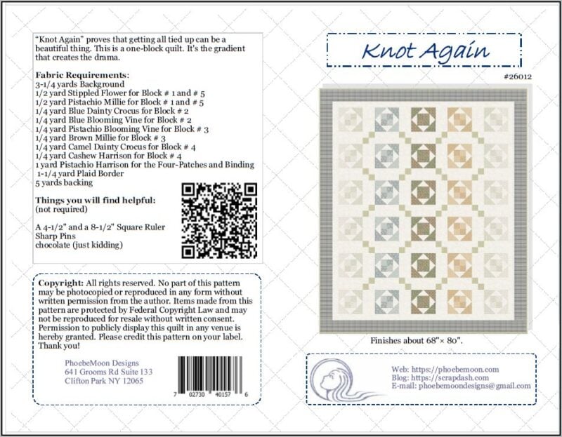 Quilt pattern cover for Knot Again shows a neutral-toned, geometric Turnabout Lap Quilt Pattern design. The page lists fabric requirements, size (68x80), a QR code, and copyright info. The pattern features interlocking block motifs.