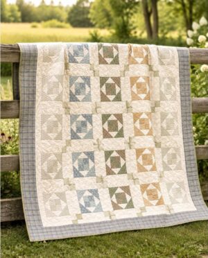 A patchwork quilt with geometric patterns in blue, green, beige, and brown tones drapes over a wooden fence outdoors, with a grassy field and trees in the background.