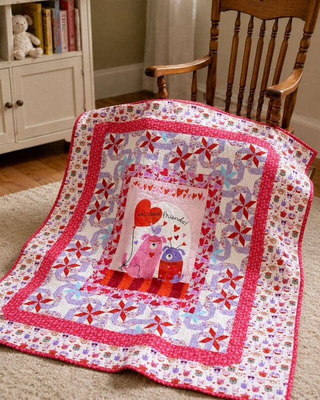 A colorful quilt draped over a wooden rocking chair, featuring a central design of two cartoon owls with hearts and the words Welcome Friends, surrounded by intricate red, purple, and white patterns.