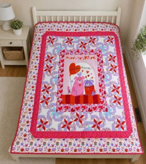 A colorful quilt with red, purple, and white patterns covers a bed. The quilt features a central illustration of two cartoon animals holding a balloon with the words welcome friends surrounded by heart motifs.