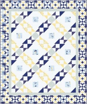 A patchwork quilt featuring a geometric pattern in blue, yellow, and white, with alternating star and diamond shapes and small illustrated squares of children at regular intervals. The quilt is bordered with a matching geometric design.