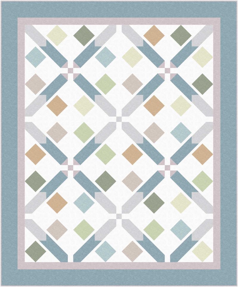 A geometric quilt with a blue border, featuring intersecting pastel diamond and square shapes in green, blue, peach, and beige on a white background. The pattern repeats evenly across the quilt.