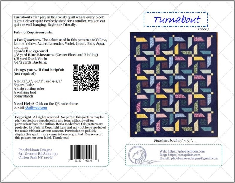 Quilt pattern cover featuring the colorful, geometric Turnabout quilt on a dark background. Includes instructions, fabric requirements, contact info, and a QR code. Inspired by the Appian Way Log Cabin Quilt Pattern for modern quilters.