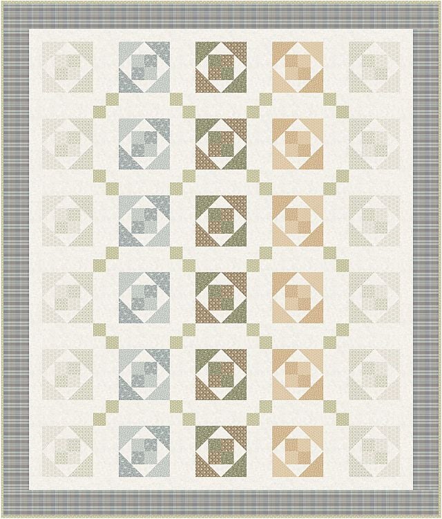 A quilt featuring a grid of square blocks in soft blue, green, and tan tones with geometric patterns, bordered by a blue plaid frame. The design has a repeating pattern with diagonal green chains connecting the blocks.