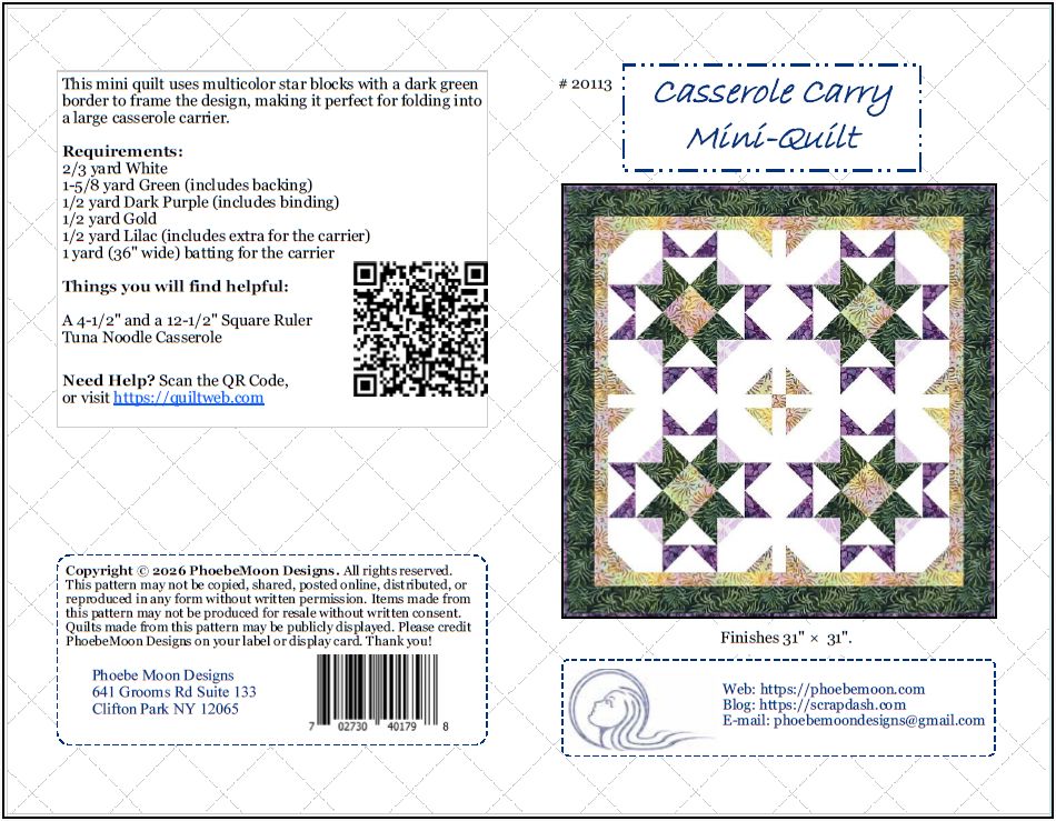 A printed instruction sheet for a Casserole Carry Mini-Quilt with a supply list, QR code, quilt photo, and contact details. The quilt features a star pattern with purple, green, and cream fabrics.