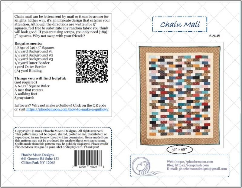 A quilt pattern called Chain Mail is shown with small rectangular colored patches arranged in rows, bordered by tan and brown fabrics. Text provides pattern details, requirements, and contact information.