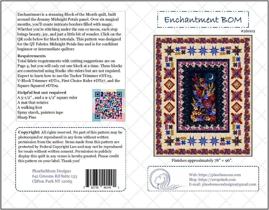 Quilt pattern information sheet for “Enchantment BOM” featuring a floral border quilt design, tools required, finished size (78” x 96”), contact info, and a brief description of the kit and suggested fabrics.