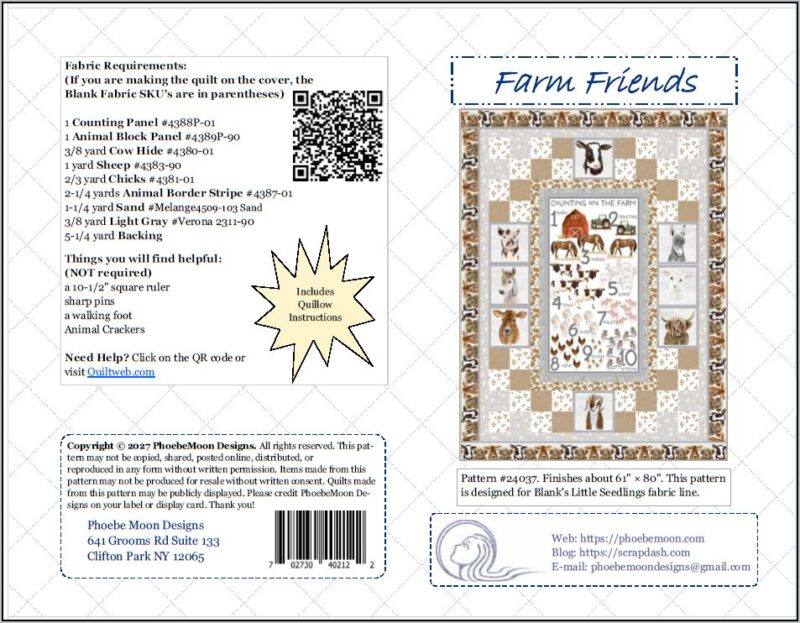 Quilt pattern cover showing a farm animal-themed quilt, fabric requirements, included instructions, and contact info. Border features illustrated farm animals. Title Farm Friends appears at the top right.
