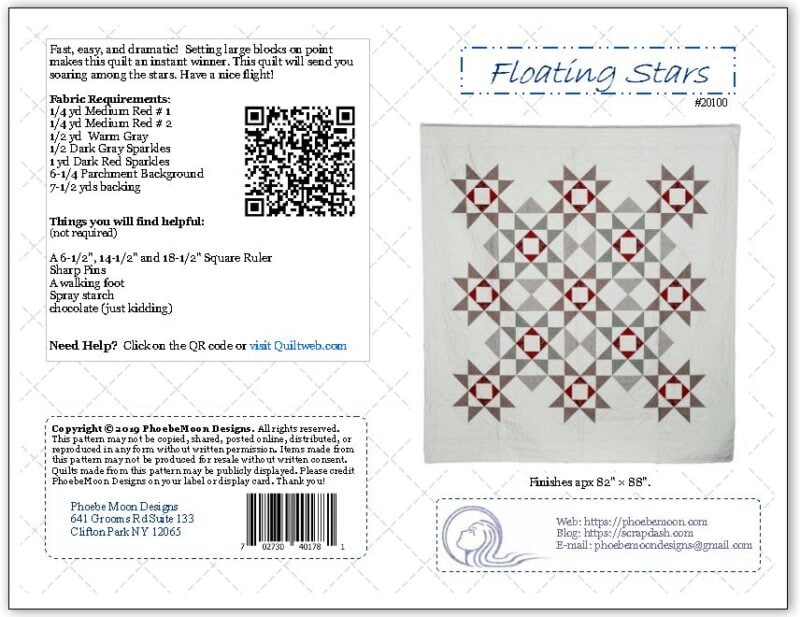 Quilt pattern cover for Floating Stars, showing a quilt with red and gray star blocks on a white background, fabric requirements, a QR code, and contact information for Phoebe Moon Designs.