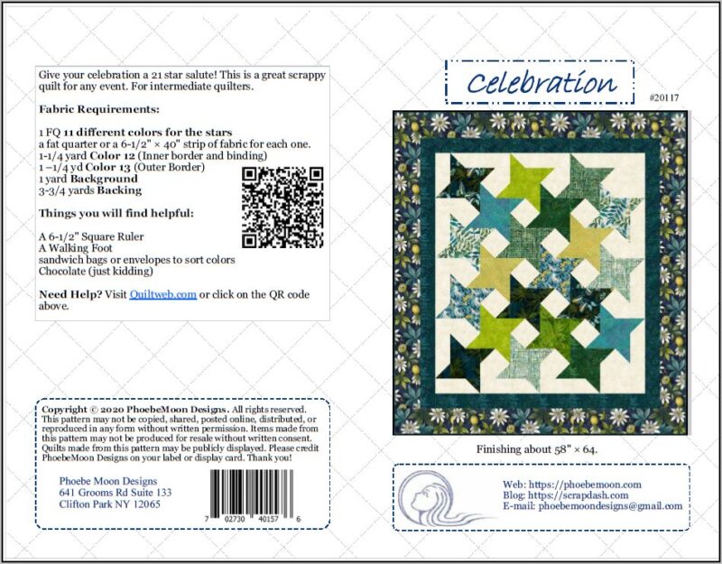 Quilt pattern cover with a colorful star quilt, fabric requirements, and instructions. The title Celebration is at the top, with a QR code, company info, and copyright text at the bottom.