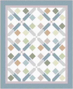 Geometric quilt design with blue, green, tan, and light pink shapes on a white background, featuring intersecting diamond and square patterns, bordered by blue and pink bands.