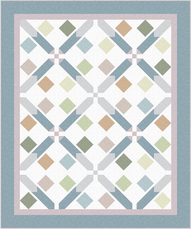 Geometric quilt design with blue, green, tan, and light pink shapes on a white background, featuring intersecting diamond and square patterns, bordered by blue and pink bands.