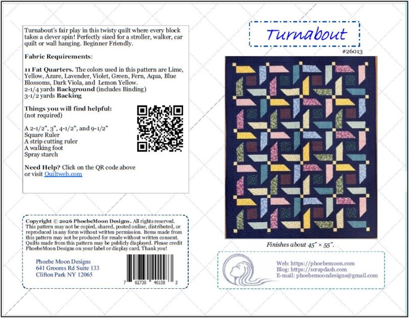 A quilt pattern tutorial titled Turnabout with a photo of a geometric quilt, fabric requirements, instructions, a QR code, and designer contact info on a white background with blue accents.