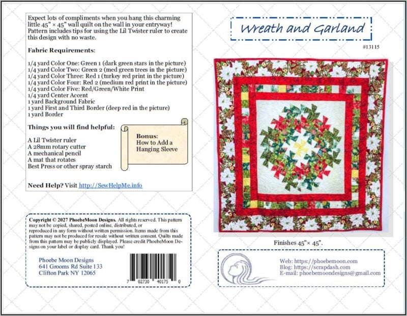 Quilt pattern cover titled Wreath and Garland shows a colorful quilt with red, green, and white fabrics, surrounded by a floral border, plus fabric requirements and project details on a white, blue grid background.