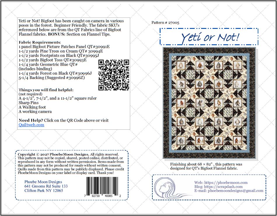 Quilt pattern cover featuring a quilt with square panels of Bigfoot designs, pattern details, fabric requirements, a QR code, and contact information for Phoebe Moon Designs. Blue title text reads “Yeti or Not!”.