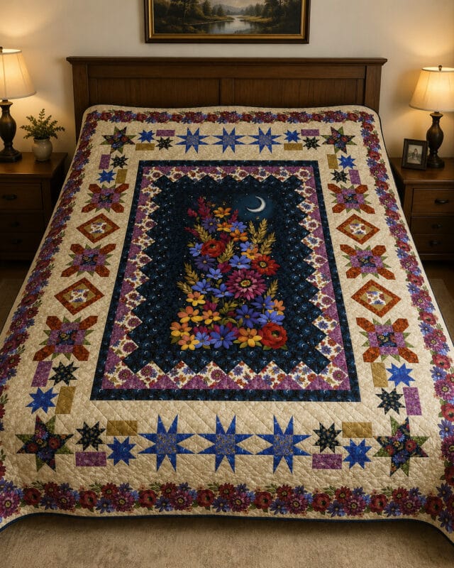 A colorful quilt with floral patterns, stars, and a crescent moon—crafted in the charming style of the Yeti-or-Not Throw Quilt Pattern—covers a bed in a warmly lit bedroom with two bedside tables, lamps, and a landscape painting above the headboard.