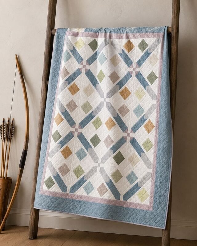 A pastel-colored quilt with a geometric diamond pattern is draped over a wooden ladder. A bow and a bundle of arrows rest against the wall beside it.
