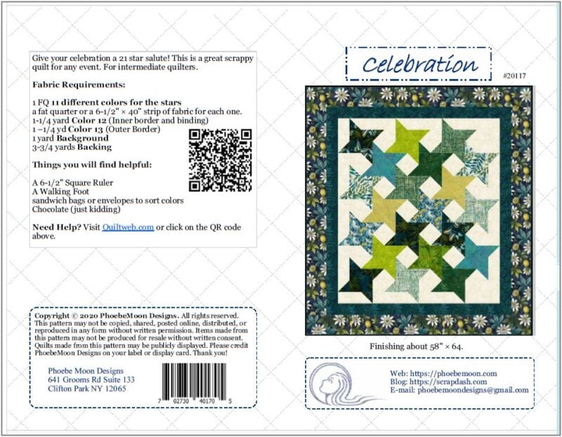 A colorful quilt pattern called Celebration features star shapes in blue, green, and yellow fabrics, bordered by a floral frame, with instructions, materials list, and contact information for Phoebe Moon Designs.