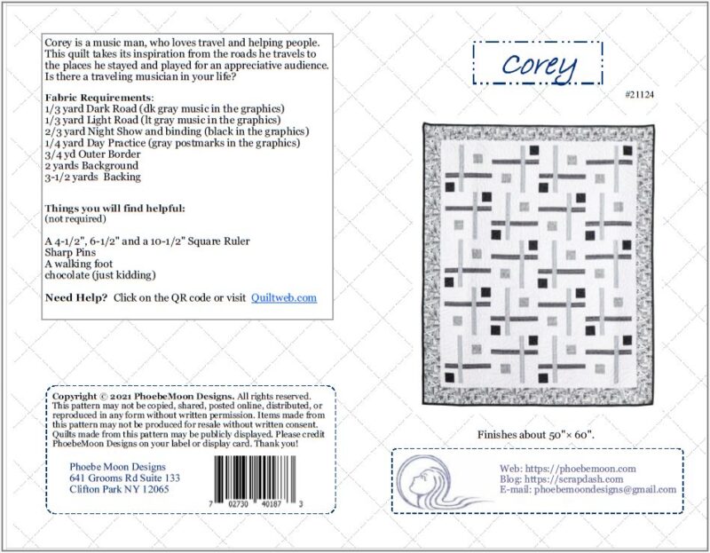 Quilt pattern instruction sheet titled Corey, featuring a grayscale geometric quilt design, supply list, and contact information for Phoebe Moon Designs. A sample finished quilt is shown in the lower right corner.