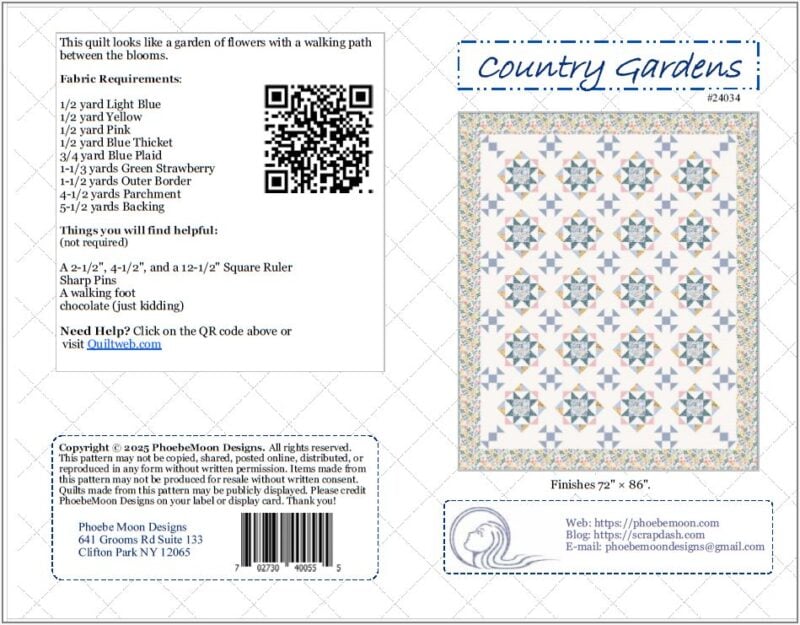 Quilt pattern instructions with a blue and white floral quilt design, fabric requirements, a QR code, and contact information for Phoebe Moon Designs. Title Country Gardens in blue script at the top right.