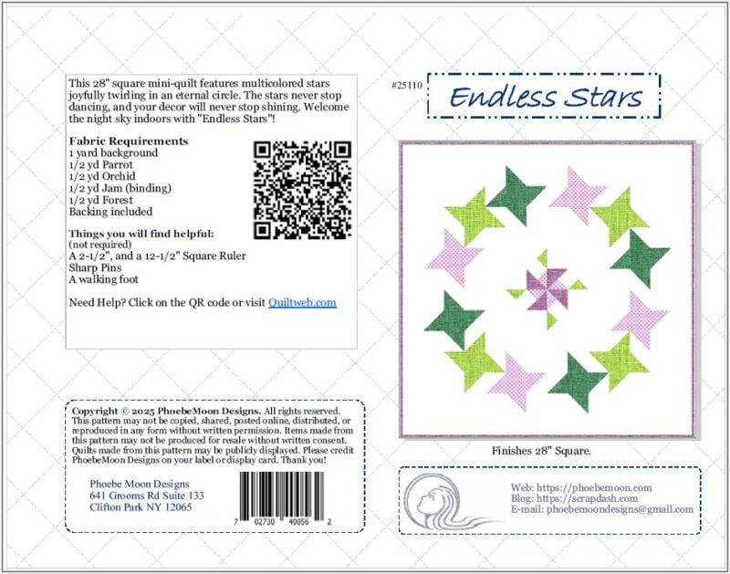 Quilt pattern cover for Endless Stars, showing a multicolored star quilt design, fabric requirements, helpful tools, company info, and a QR code. The background is white with a grid pattern.