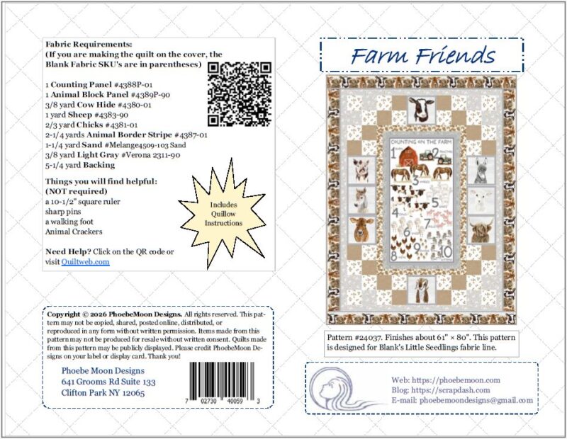Quilt pattern cover titled Farm Friends, showing a quilt with farm animal designs, fabric requirements, a supply list, contact info, instructions note, and a border with animal illustrations.