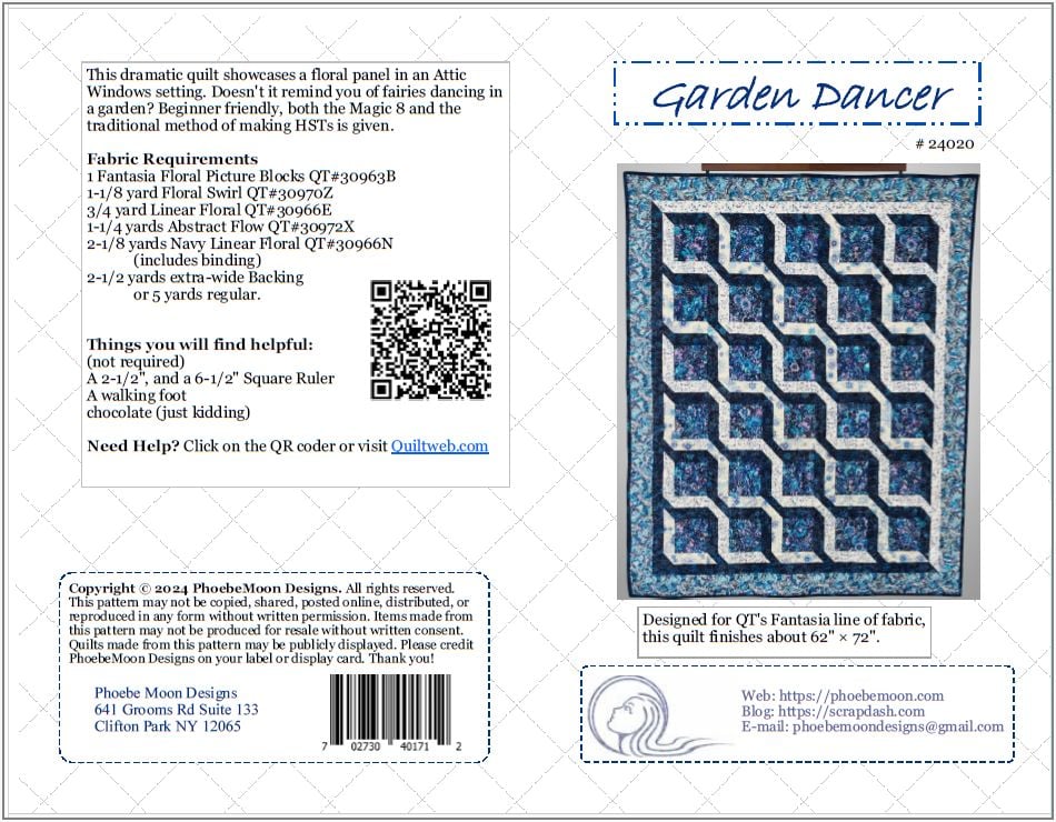 Quilt pattern titled Garden Dancer featuring a blue and white wavy, geometric design, with fabric requirements, QR code, and contact info. Text and quilt image are displayed on a white background with floral accents.