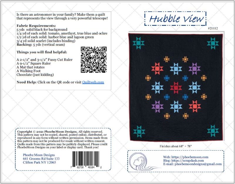 Quilt pattern cover showing colorful star quilt blocks on a dark background, titled Hubble View, with fabric requirements, tools needed, and company contact information listed on the design.