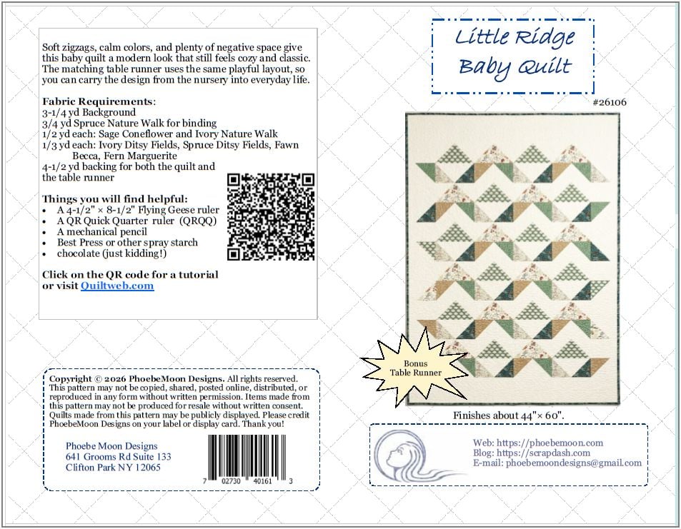 Little-Ridge-Baby-Quilt Quilt pattern cover featuring the Yeti-or-Not Throw Quilt Pattern, showcasing a white and green baby quilt with flying geese blocks, fabric requirements, a QR code for instructions, and contact information for Phoebe Moon Designs.