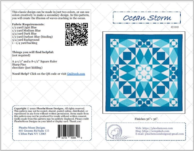 Quilt pattern cover titled Ocean Storm with a blue and white geometric quilt design, fabric requirements, instructions, and contact information. A QR code and mailing address are also shown. Finished quilt size is 36 x 36.