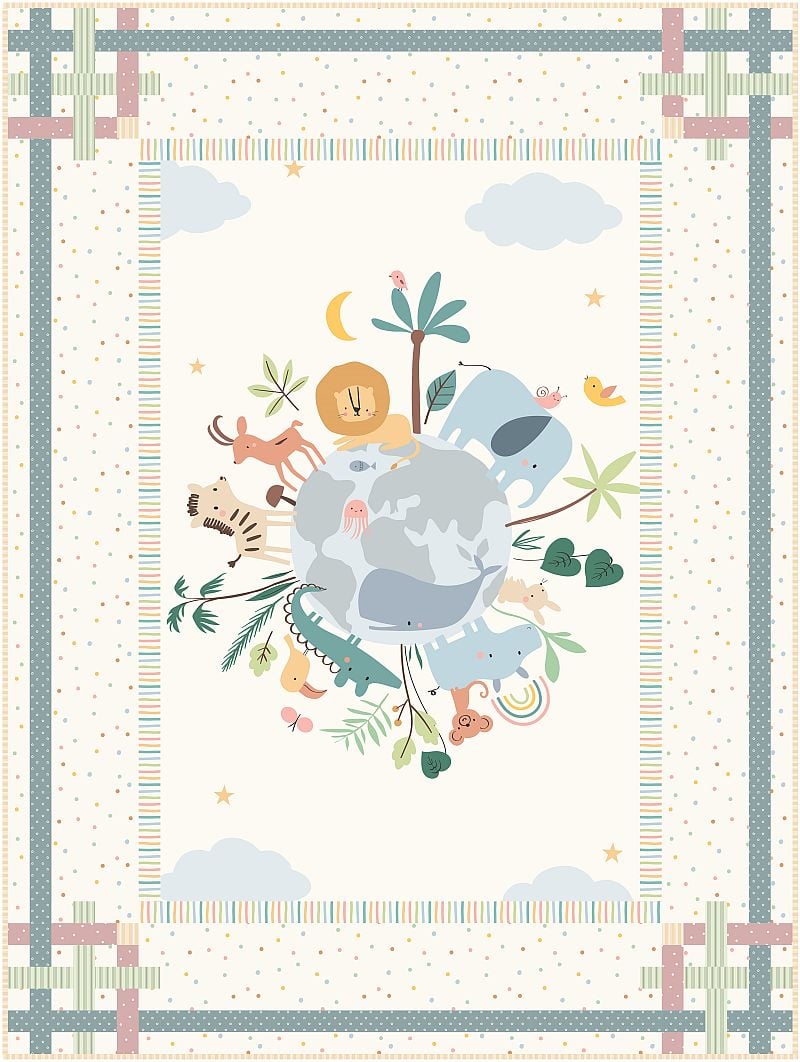 Illustration of animals, trees, and clouds arranged around a globe, bordered by pastel stripes and plaid patterns. Lion, hippo, zebra, monkey, and other animals are playfully depicted in a cute, whimsical style.