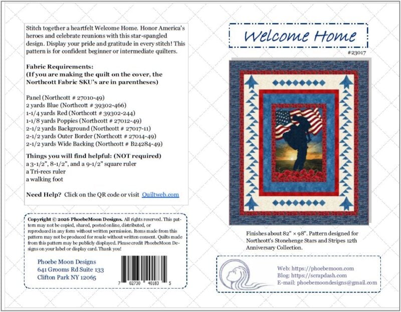 Quilt pattern cover showing a patriotic-themed quilt with an American flag, silhouetted soldier, and star border. Text provides fabric requirements, company info, QR code, and contact details.