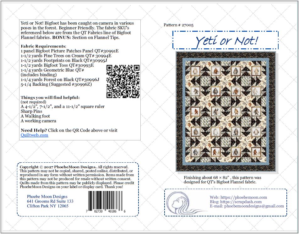 Quilt pattern brochure with a blue Yeti or Not! title, fabric requirements, a QR code, finished quilt photo, and Phoebe Moon Designs contact info on a white and light blue background.