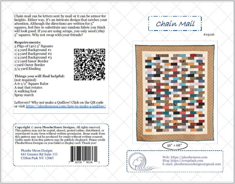 Chain-Mail-Cover Quilt pattern instructions with fabric requirements, tools list, and contact info. The image shows a finished quilt with a colorful interlocking chain design, beautifully demonstrating the Chain Mail Quilt Pattern. The title Chain Mail is at the top right above the quilt image.