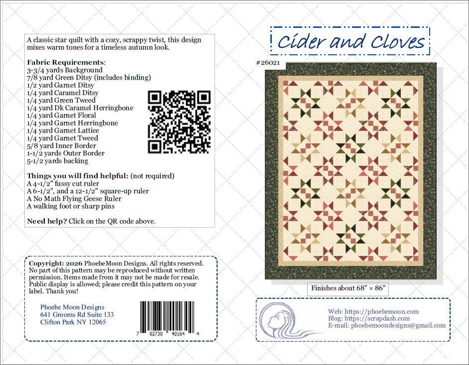 Quilt pattern cover showing a star quilt design in warm tones, fabric requirements, finished size (about 68 x 86), notes, and contact information for Phoebe Moon Designs, titled Cider and Cloves #26021.