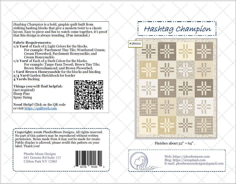 Hashtag Champion quilt pattern cover #26022 showing the finished quilt, fabric requirements, QR code, and PhoebeMoon Designs contact information