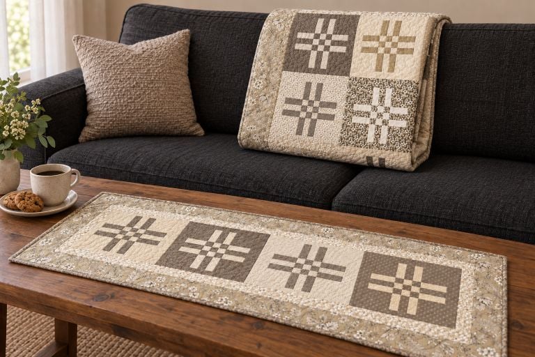 Crossroads Table Runner on a wooden coffee table with coffee and cookies, with the Hashtag Champion quilt draped over a dark sofa behind it