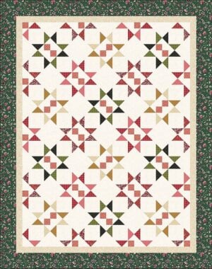 Cider and Cloves throw quilt with garnet, green, and caramel star blocks on a cream background, framed by a dark green floral border