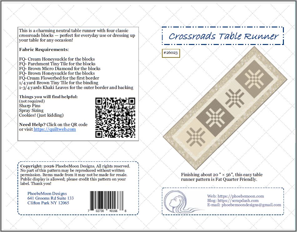Crossroads Table Runner quilt pattern cover #26023 showing the finished runner, fabric requirements, QR code, and PhoebeMoon Designs contact information