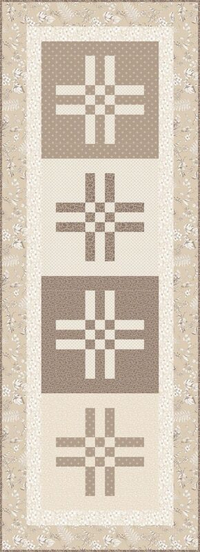 Crossroads Table Runner quilt pattern with four crossroads blocks in cream and brown on alternating light and dark squares, framed by a beige floral border