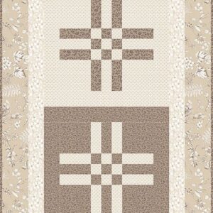Crossroads Table Runner quilt pattern with four crossroads blocks in cream and brown on alternating light and dark squares, framed by a beige floral border
